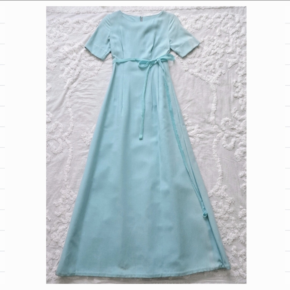Vintage 1960s Velvet Ribbon Maxi Dress, Light Blue, Party, Wedding/Guest
